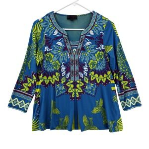 Hale Bob Tunic Top Womens Small‎ Peacock Print Boho 3/4 Sleeve Embellished